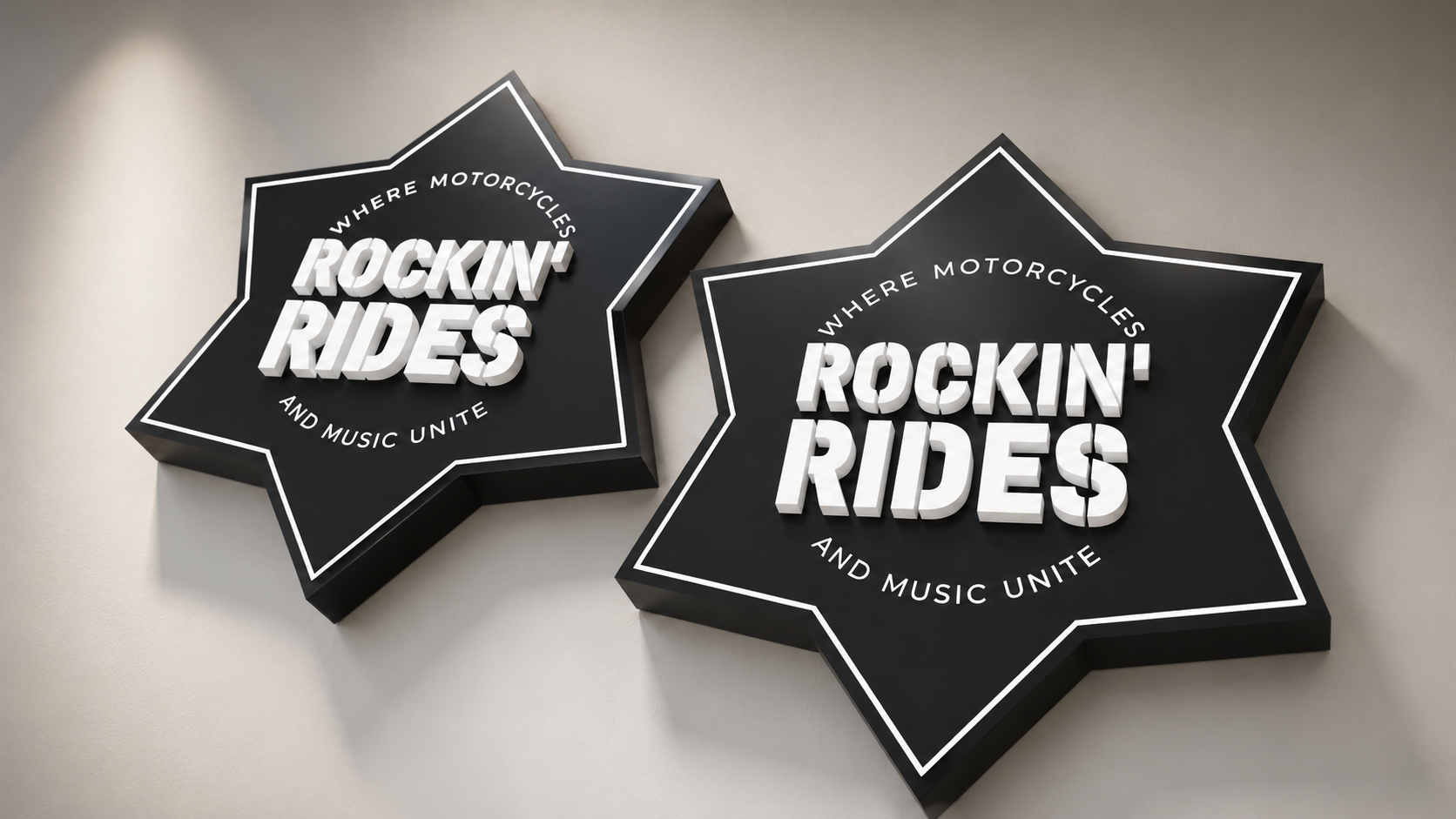 Prezentační 3D logo Rockin’ Rides vyrobené kombinací materiálu XPS, plastu a tištěné celoplošné grafiky. Lehká a pevná reklamní dekorace s výrazným 3D efektem je vhodná pro firemní prezentace, výstavy, prodejny, eventy, showroomy i jako originální nástěnná nebo stolní propagace značky.