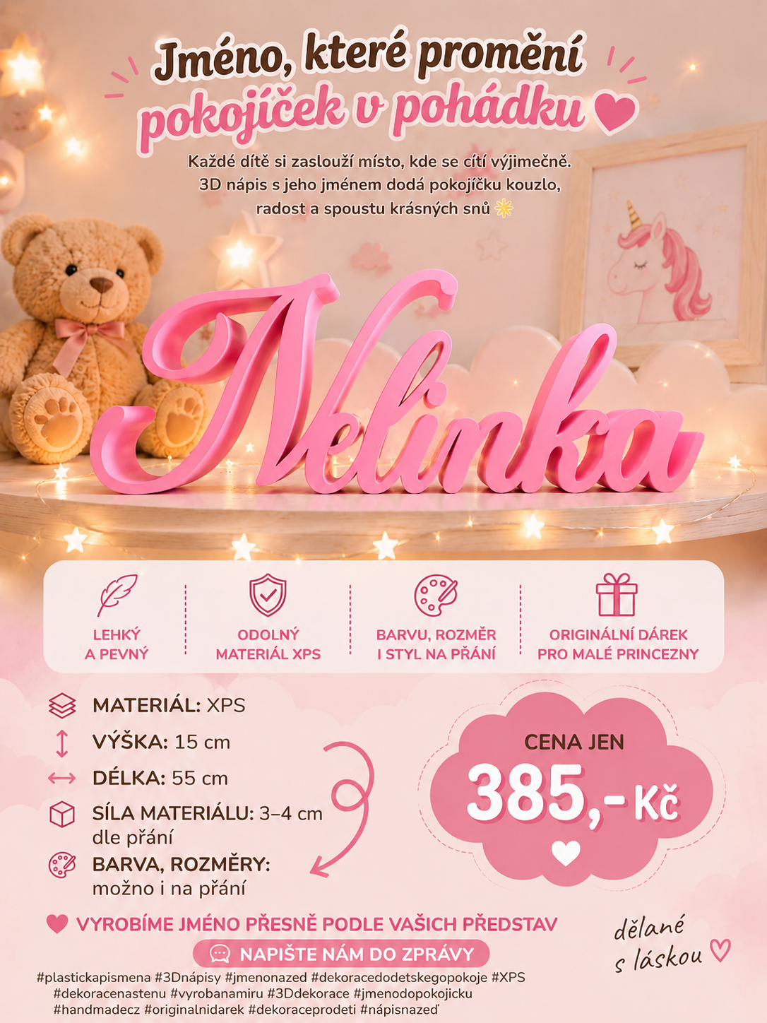 💖 Každé jméno může být originál… přesně podle vašich představ ✨ Ukázka ceny například u jména Nelinka 🌸 🪵 Materiál: XPS 📏 Výška: 15 cm 📐 Délka: 55 cm 💪 Síla materiálu: 3–4 cm dle přání 💸 Cena 385 Kč 🎨 Rozměry, styly i barvy vyrábíme kompletně na míru ✨ Moderní 3D nápisy do dětského pokoje, na stěnu i poličku 🌈 Možnost výběru z více variant designu 🖼️ Připravíme nezávazné náhledy a vizualizace před výrobou Díky tomu si můžete vybrat přesně takový styl, který bude dokonale ladit s pokojíčkem i představami vašeho dítěte 💕 📩 Stačí napsat do zprávy jméno, barvu nebo styl — a my vytvoříme návrh jen pro vás. #plastickapismena #3Dnápisy #jmenonazed #dekoracedodetskegopokoje #XPS #detskypokoj #dekoracenastenu #vyrobanamiru #3Ddekorace #jmenodopokojicku #vizualizace #originalnidarek #handmadecz #nápisnazeď #dekoraceprodeti